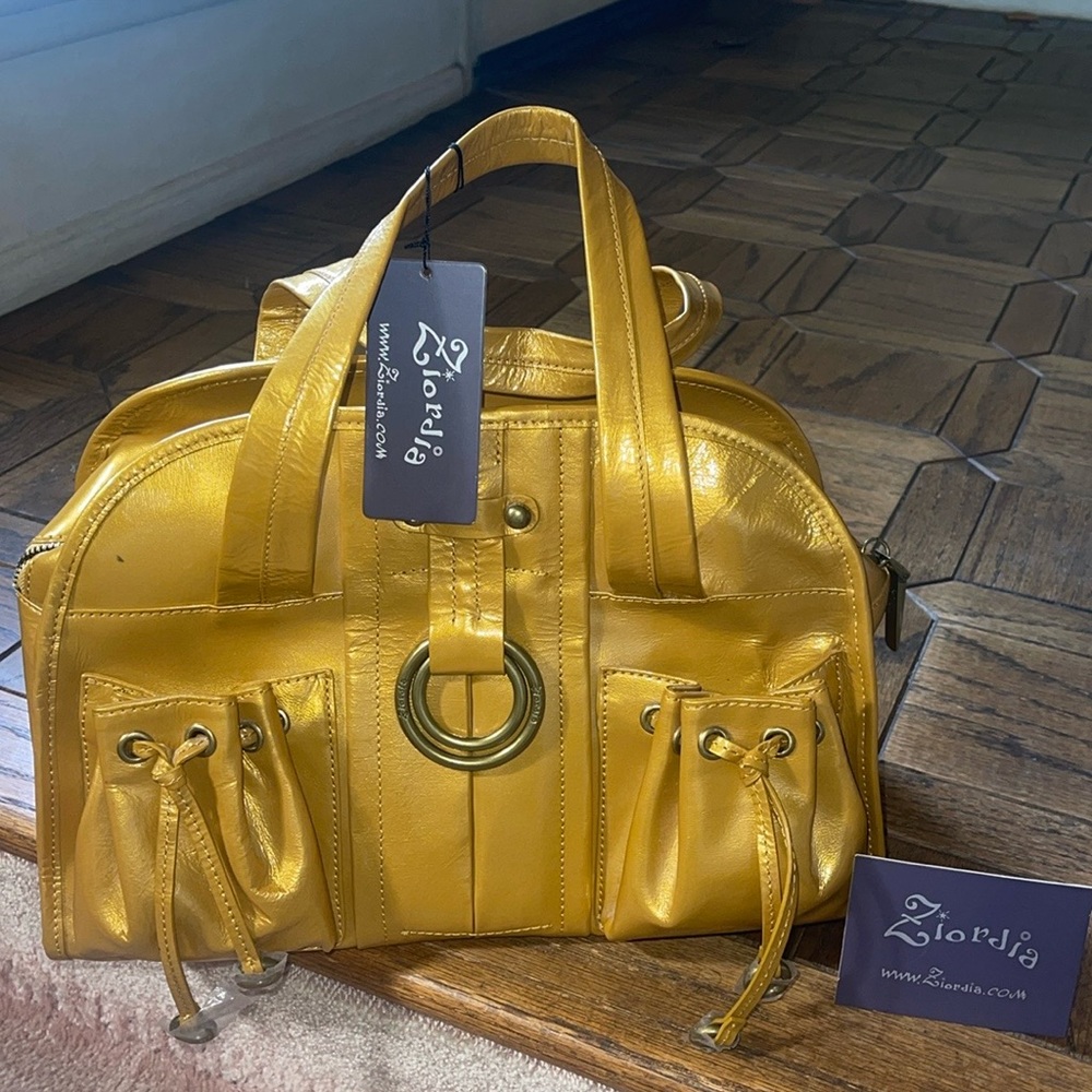 Gold Ziordia Provance Patent Leather Dome Satchel